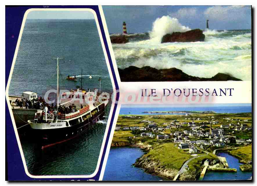 CPSM Ile D'Ouessant Nord Finistere Enez Eussa au port du Stiff Phare du Nividic par Grosse mer le po