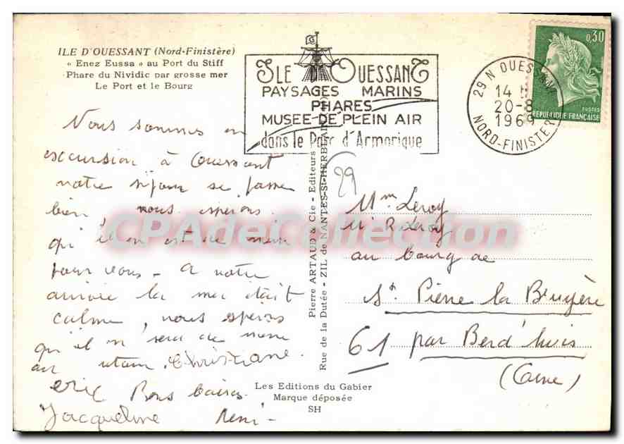 CPSM Ile D'Ouessant Nord Finistere Enez Eussa au port du Stiff Phare du Nividic par Grosse mer le po — Rückseite