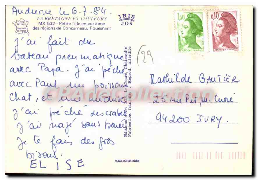 CPSM Petite Fille en costume des region de Concarneau Fouesnant  — Rückseite