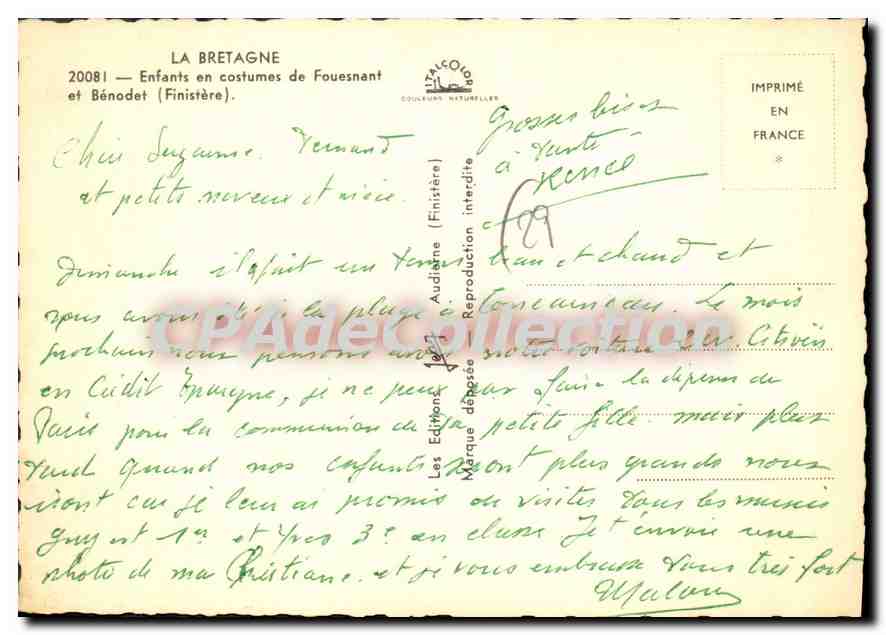 CPSM La Bretagne Enfants en costumes de Fouesnant et Benodet Finistere  — Rückseite