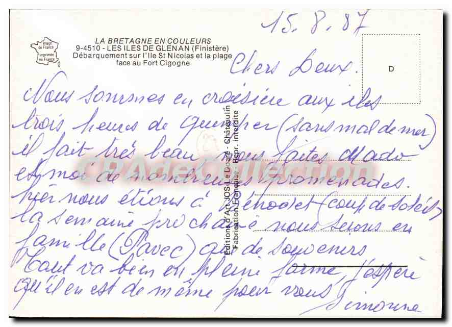CPSM Les Iles de Glenan Finistere Debarquement sur l'Ile St Nicolas et la plage face au Fort Cigogne — Rückseite