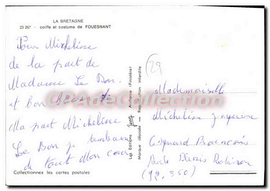 CPSM La Bretagne coiffe et costume de Fouesnant  — Rückseite