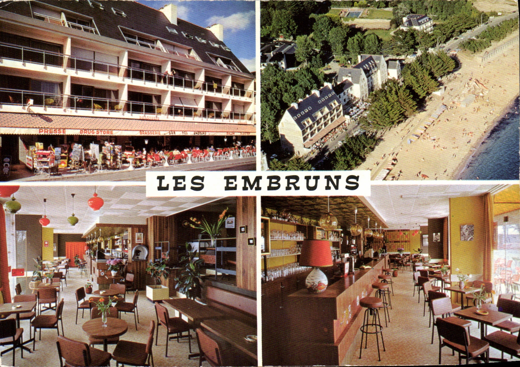CPSM En Bretagne Sud à Benodet sur la grande plage Les Embruns Bar Presse Drug store accueil sympath