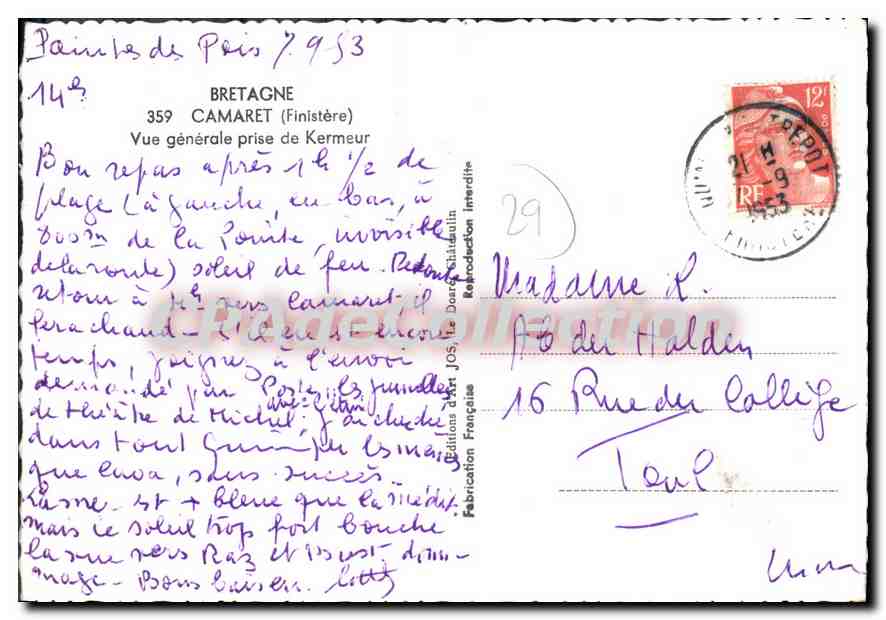 CPSM Bretagne Camaret Finistere vue generale prise de Kermeur  — Verso