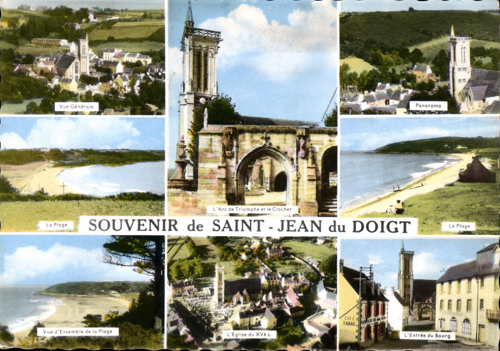 CPA Souvenir de Saint Jean du Doigt la plage l'Arc de triomphe et le Clocher la Plage vue d'ensemble