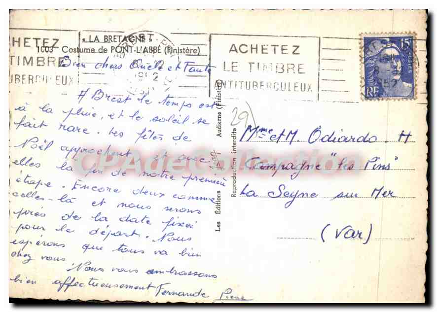 CPA La Bretagne costume de Pont l'Abbe Finistere  — Rückseite