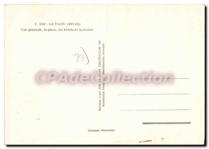CPA Le Faou vue generale la place les hotels et la riviere  — Rückseite