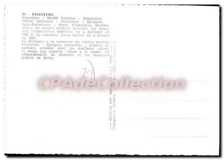 CPSM Finistere prefecture Quimper sous prefectures Brest Chateaulin Morlaix patrie du celebre medeci — Rückseite