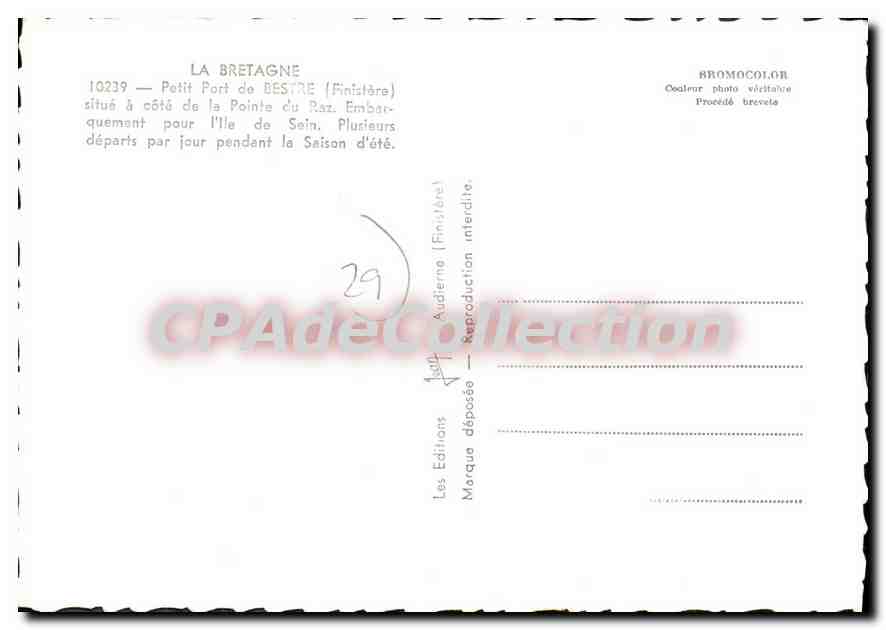 CPSM La Bretagne petit port de Bestre Finistere situe à coté de la Pointe du raz Embarquement pour l — Rückseite