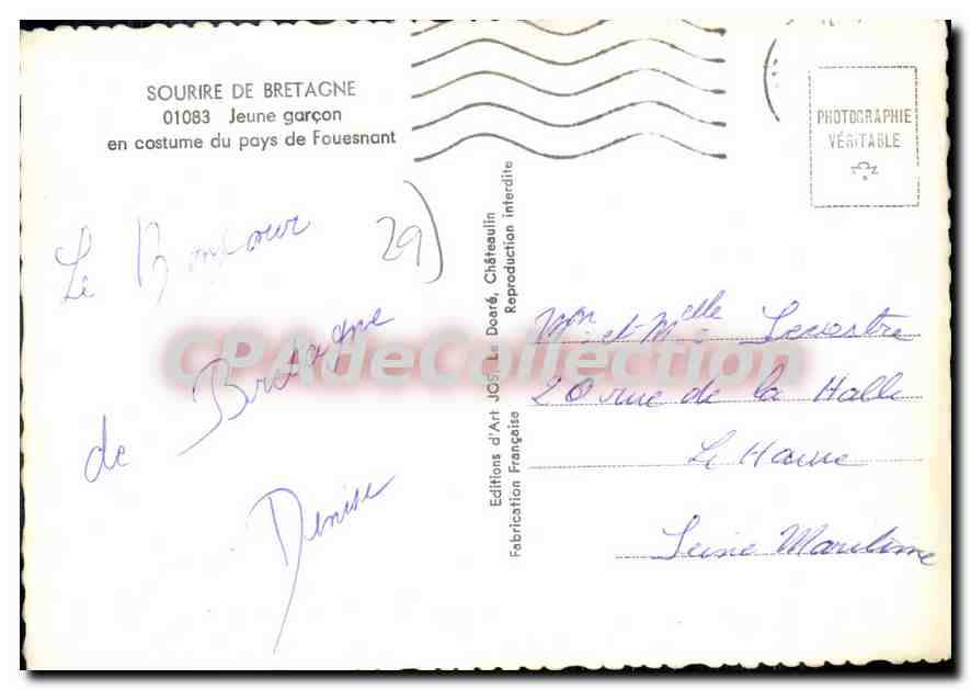CPSM Jeune garcon en costume du pays de fouesnant  — Verso