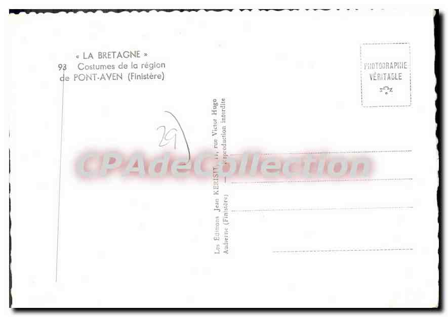 CPSM La Bretagne costumes de la region de Pont Aven Finistere  — Verso