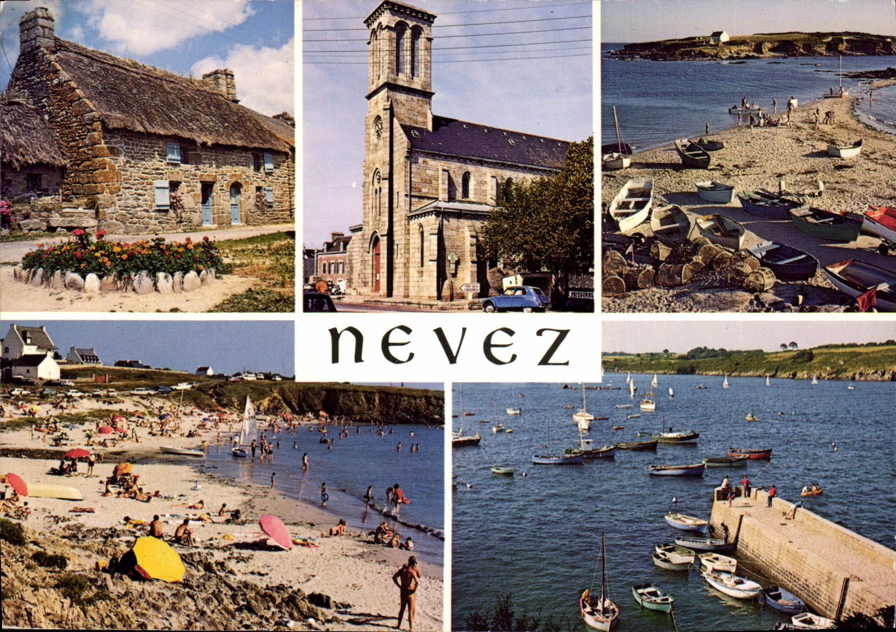CPSM La Bretagne Pittoresqaue Nevez Chaumiere à Kercanic l'eglise Raguenes la plage et les Iles Plag