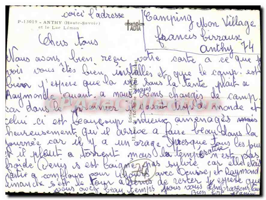Anthy — Camping Bon Village — Verlag TADIA, Nr. P-13019 — Rückseite