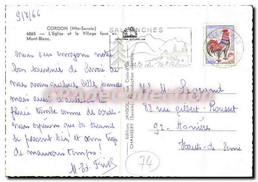 Cordon (Haute-Savoie) — Die Kirche und das Dorf vor dem Mont-Blanc — Jansol Editions, Nr. 74 — Rückseite