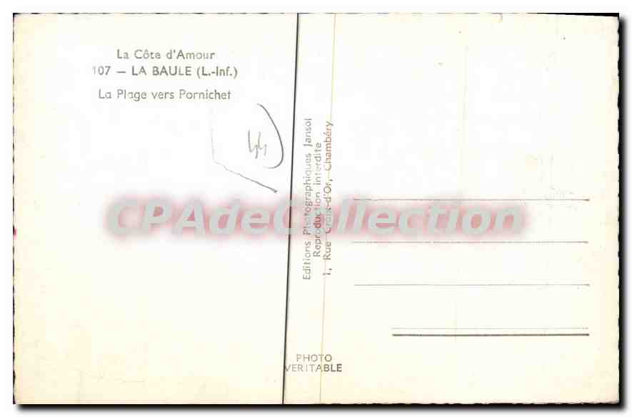 CPA La Cote d'Amour La Baule L Inf La Plage vers Pornichet  — Rückseite