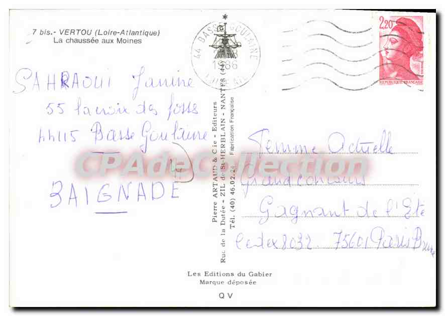 CPSM vertou Loire Atlantique la Chaussee aux Moines  — Rückseite