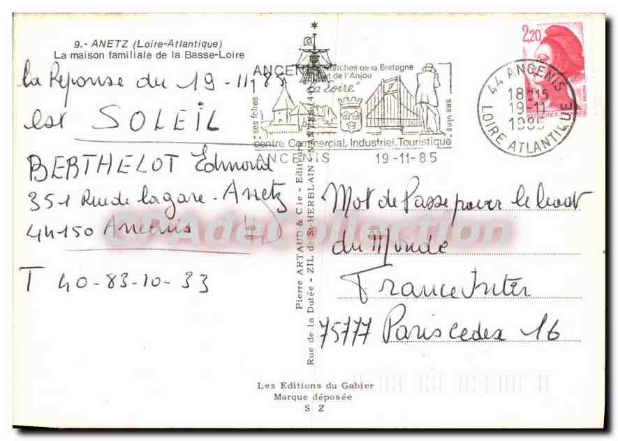CPSM Anetz Loire Atlantique la maison familiale de la Basse Loire  — Rückseite