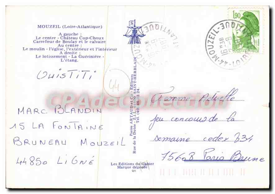 CPSM Mouzeil Loir Atlantique a gauche le centre chateau Cop Choux Carrefour de Boulay et le Calvaire — Rückseite