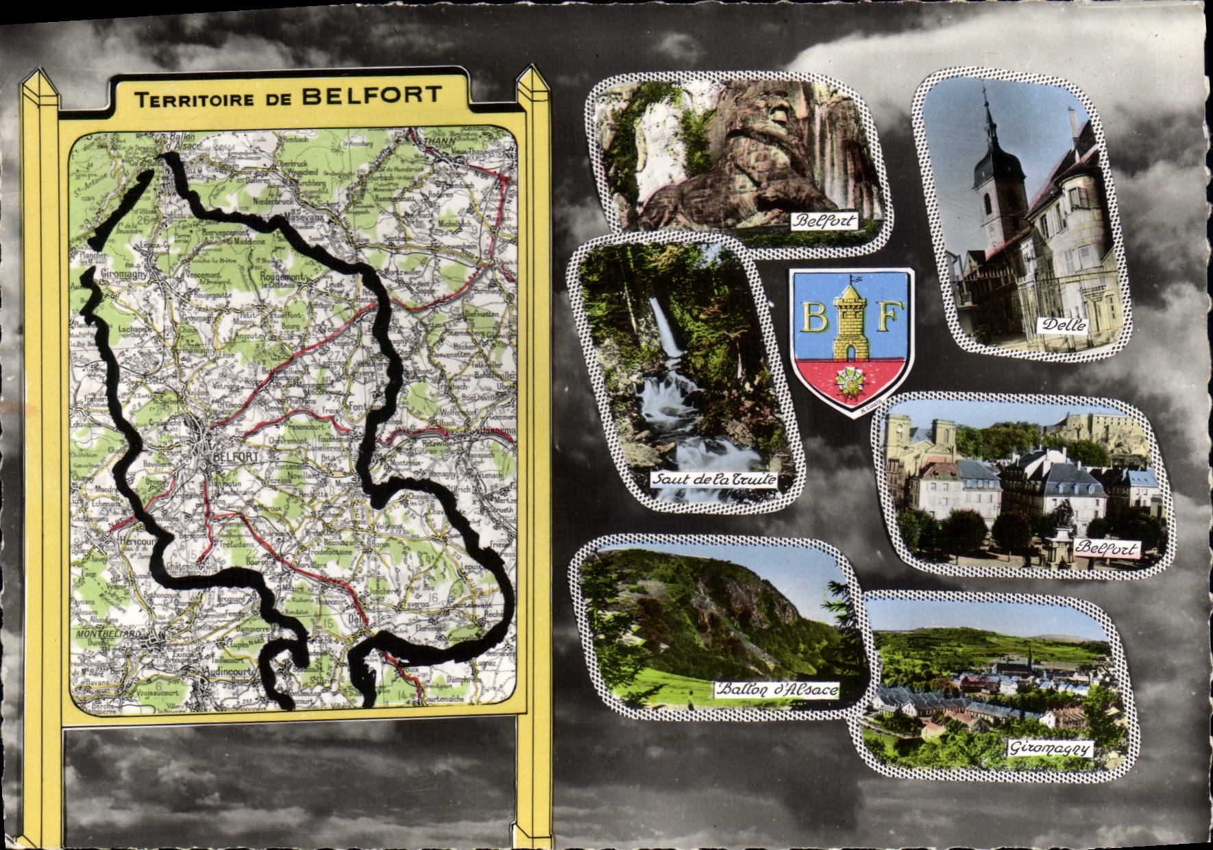 Territoire de Belfort — carte postale panoramique avec carte et lieux emblématiques — Éditions 'Le Cigogne' (Bas-Rhin)