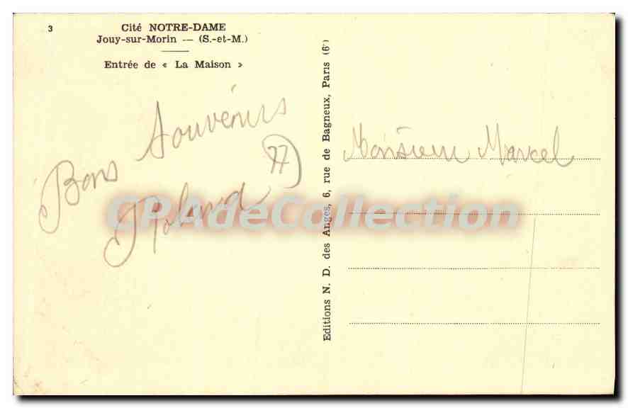 CPA Cite Notre Dame jony sur Morin S et M entree de la maison  — Verso