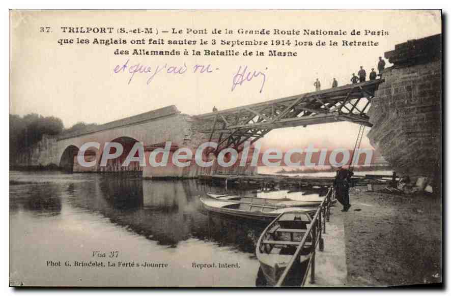 Vintage Postcard Trilport S and M the bridge of the national road from Paris bridge blown up by English 3 September