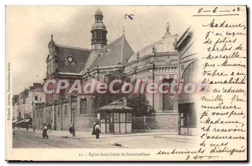 Kościół św. Ludwika w Fontainebleau — widok budynku z wieżą i dachem z płytek — wydawca Tilibault, kolekcja Fontainebleau-Neuilly