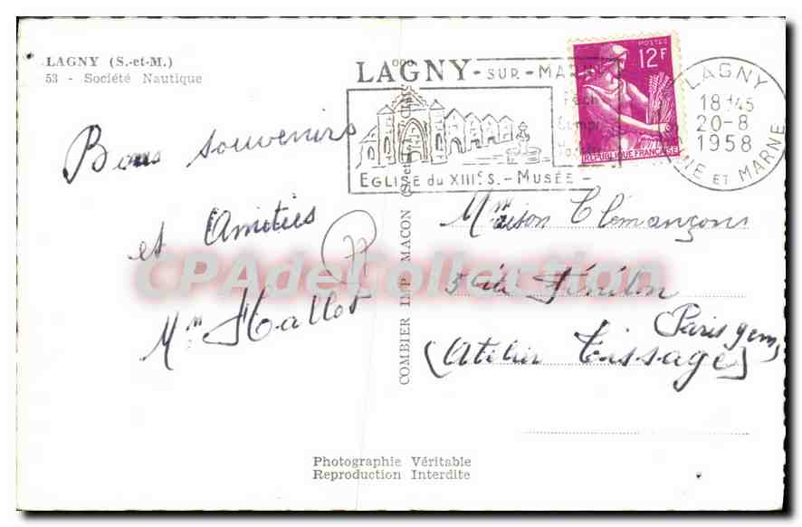 Lagny-sur-Marne — Société Nautique — Éditeur Combier Lapeyronnie — Rückseite