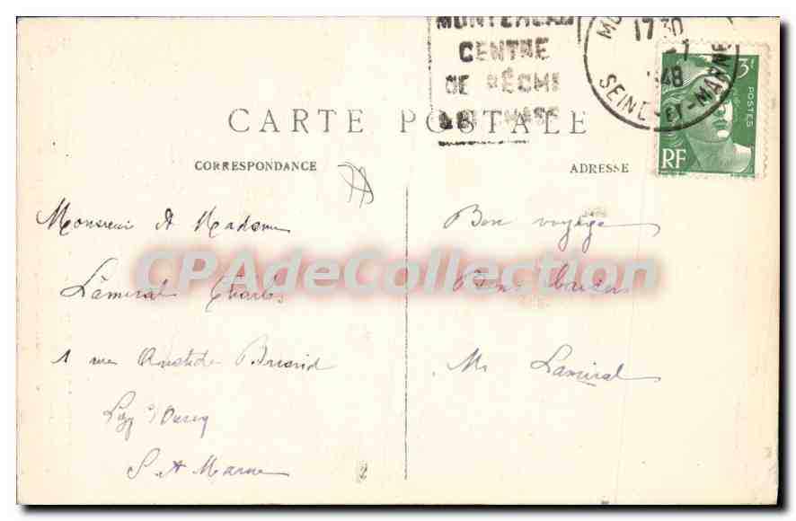 Cartolina d'epoca Montereau La Chiesa dell'Altare Maggiore eretto e benedetto da Monsignore il Chamoine Duperche Curato Doyen di Montereau — Verso