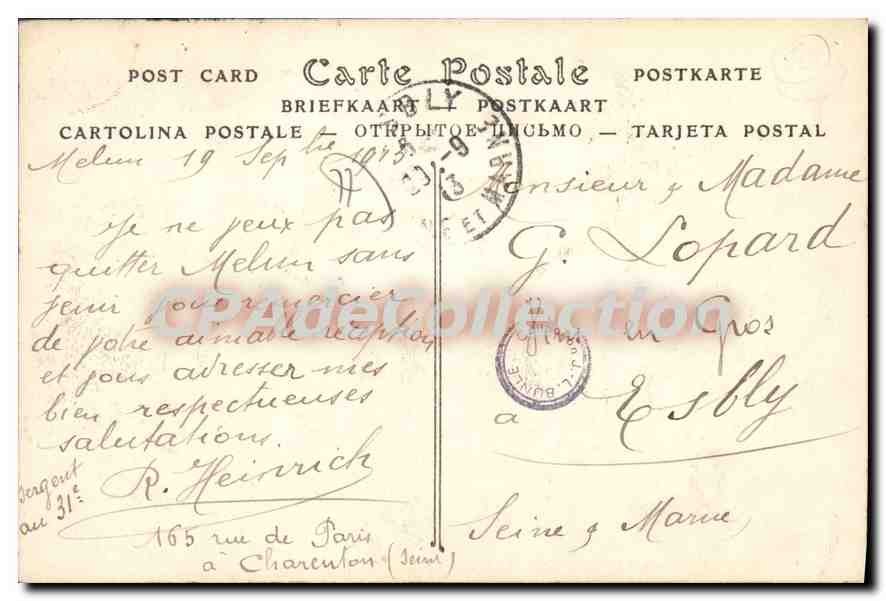 CPA Melun Caserne d'Infanterie Quartier Augereoir — Verso