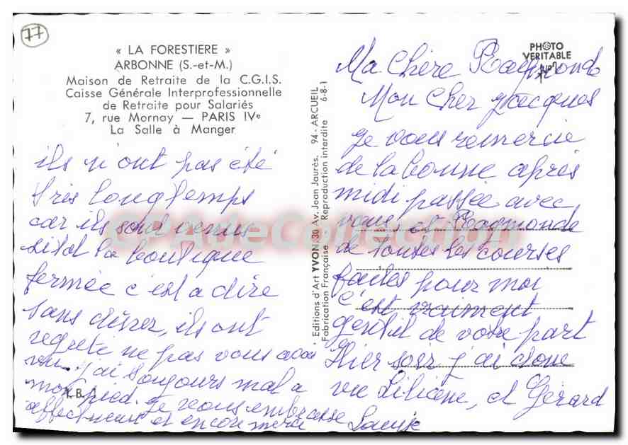 CPSM La Forestiere Arbonne (S et M) Maison de Retraite de la CGIS Caisse Generale Interprofessionnel — Rückseite