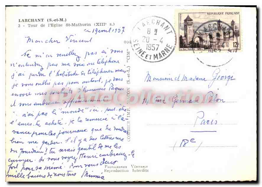 CPSM Larchant (S et M) Tour de l'Eglise St Mathurin (XIIIe s) — Rückseite