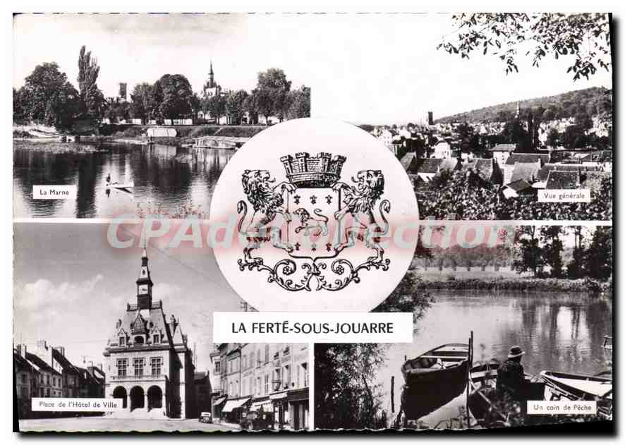 La Ferté-sous-Jouarre — Vue générale, La Marne, Place de l'Hôtel de Ville, Un coin de Pêche — Édition E. MIGNON, Villeneuve-la-Garenne