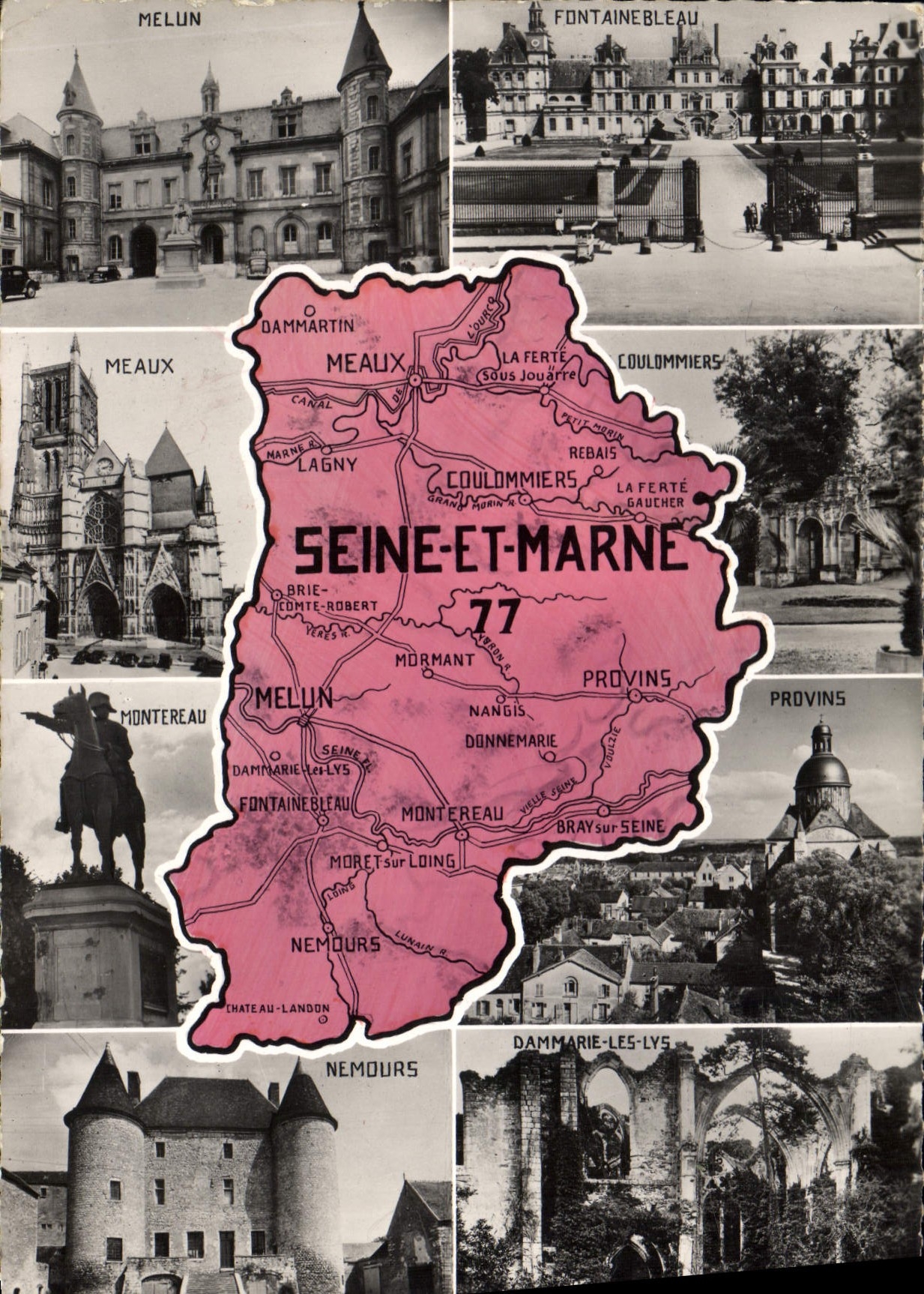 Seine-et-Marne — 77 — collage of sites and departmental map — Cie des Arts Photomécaniques, Paris