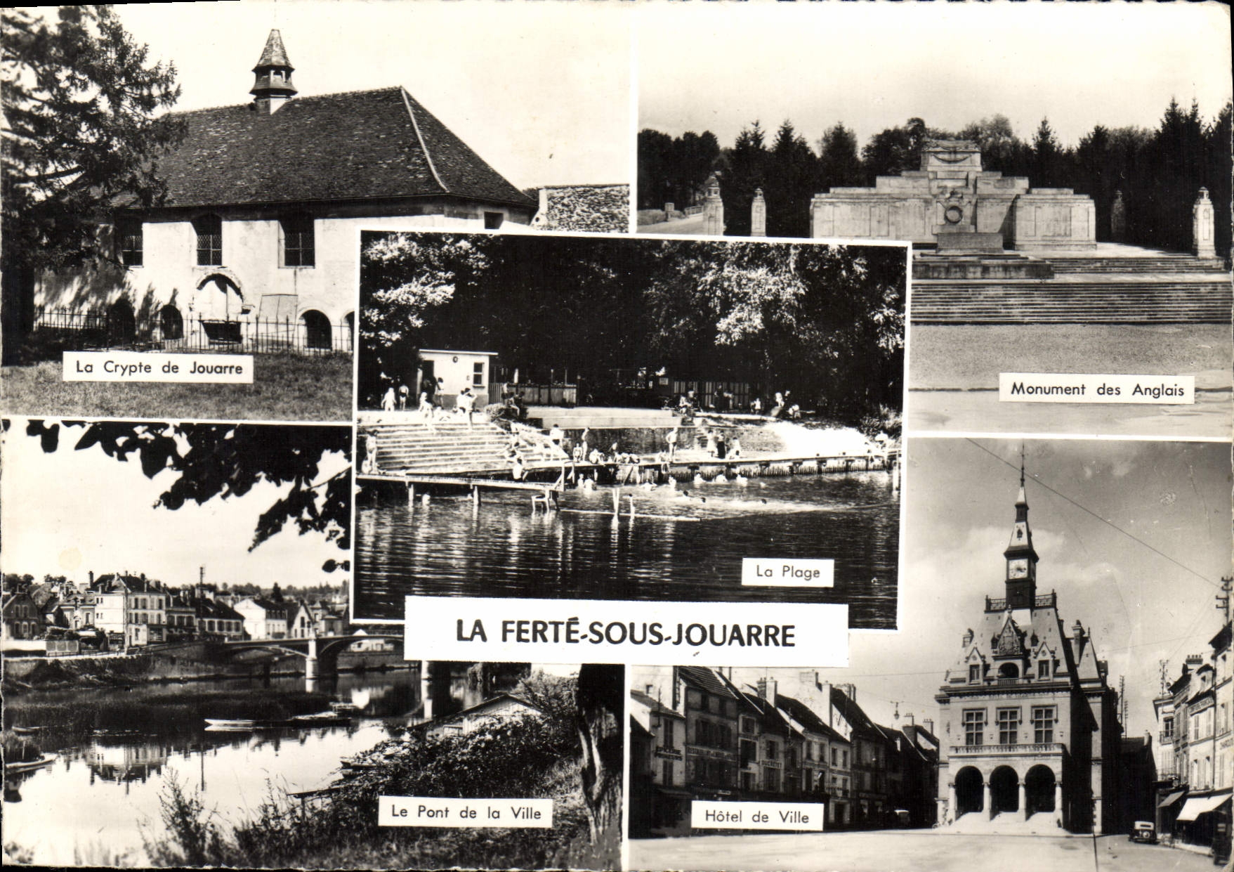 La Ferté-sous-Jouarre — Collage de sites : Crypte, Plage, Monument des Anglais, Pont de la Ville, Hôtel de Ville — Éd. E. MIGNON, Villeneuve-la-Guyard