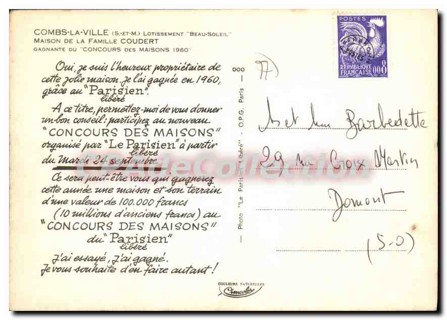 CPSM Combs la Ville (S et M) Lotissement Beaux Soleil Maison de la Famille Coudert — Rückseite