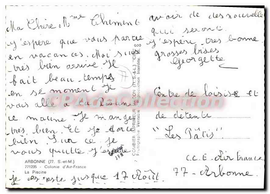 CPSM Arbonne (S et M) Colonie d'Air France La Piscine — Verso