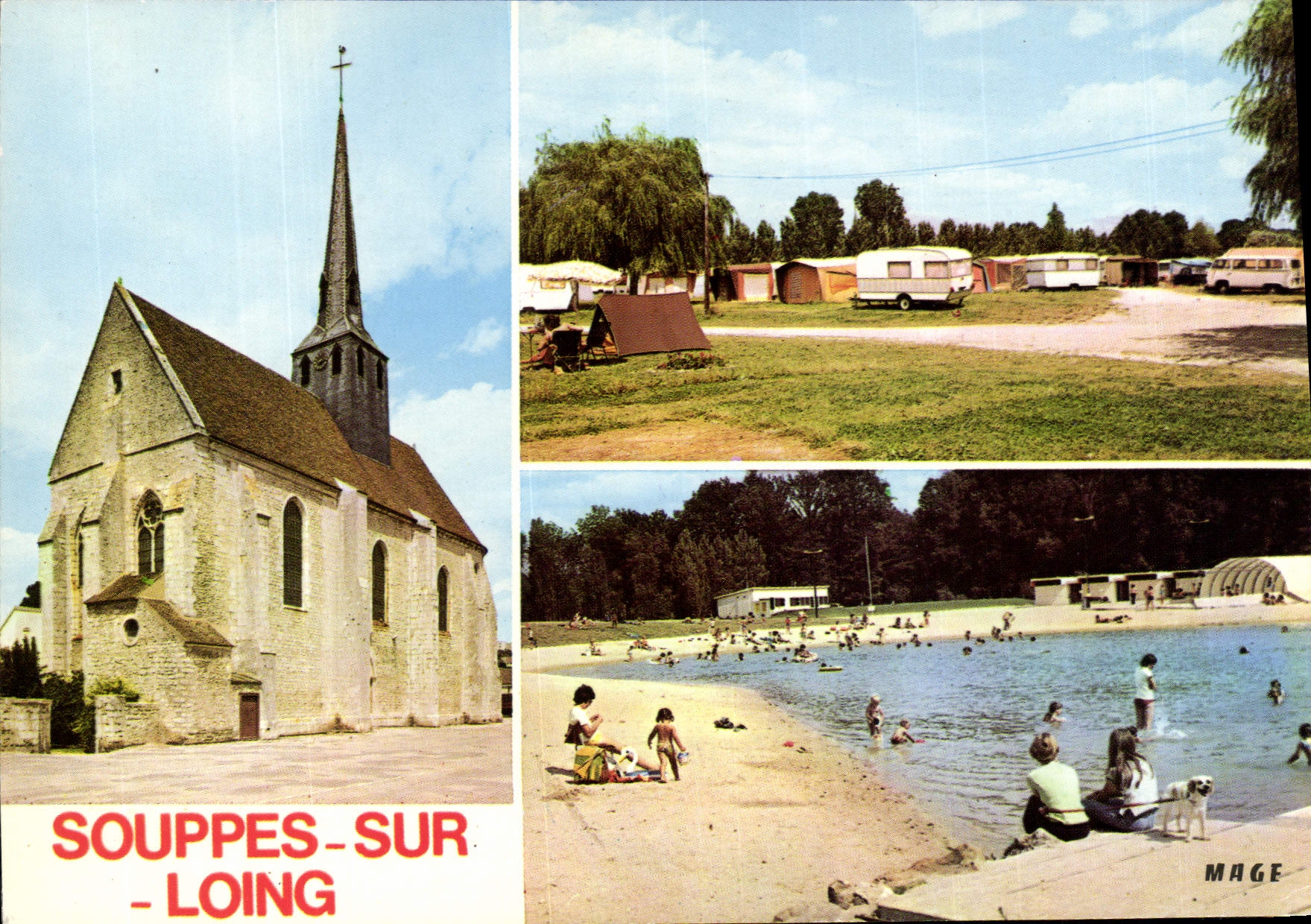 CPSM Souppes sur Loing (Seine et Marne) L'Eglise St Clair Le Camping la Plage