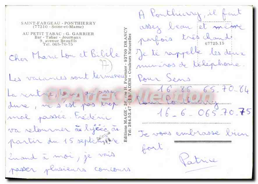 CPSM Saint Fargeau Ponthierry (Seine et Marne) Au petit Tabac Garnier Bar Tabac Journaux avenus Beau — Rückseite