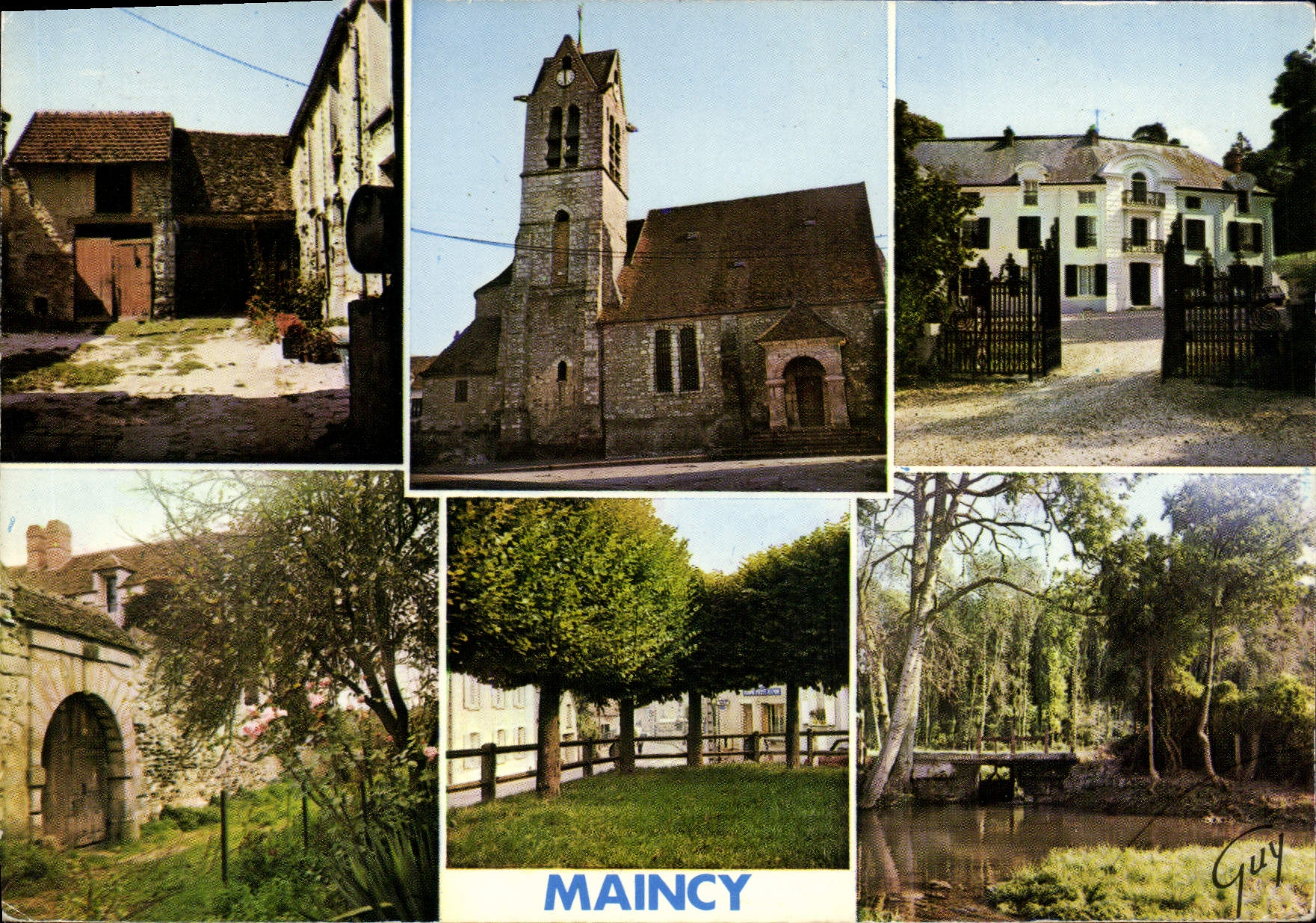 CPSM Maincy (Seine et Marne) La cour d'une maison villageoise L'Eglise Saint Etienne La Pommeraie