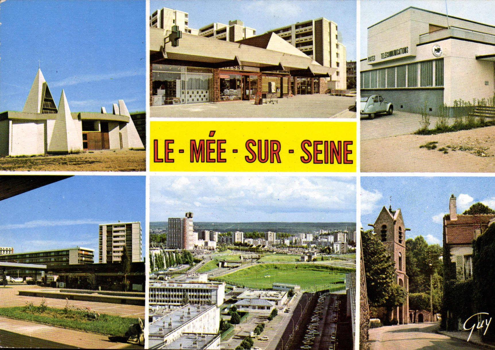 CPSM La Mee sur Seine (Seine et Marne) L'eglise de l'immaculee conception Le Centre Commerciale Resi