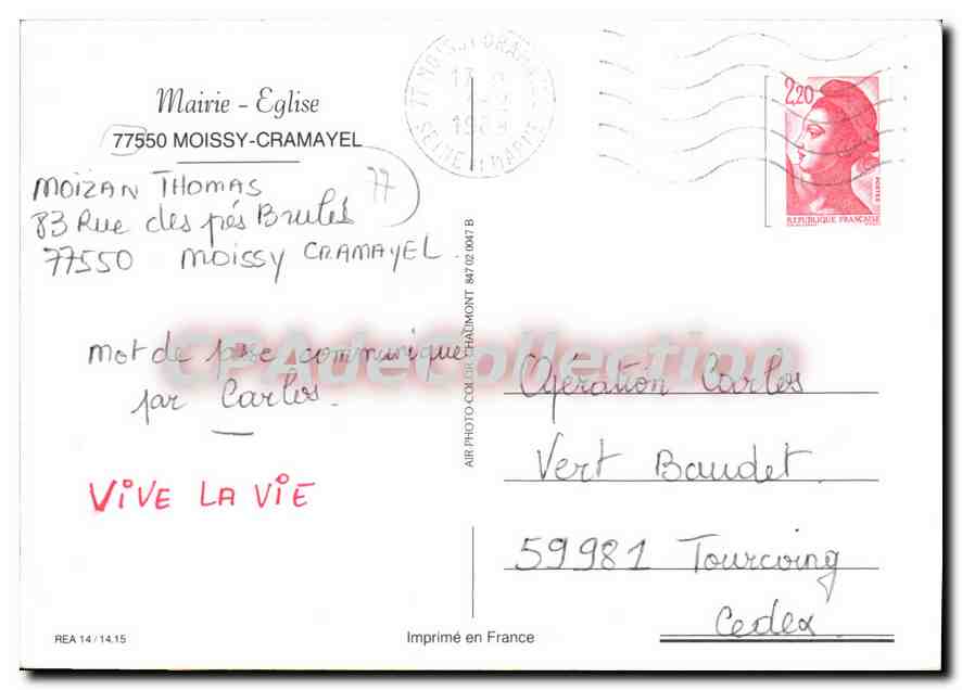 Moissy-Cramayel — vue aérienne de la mairie et de l'église — Imprimé en France — Verso