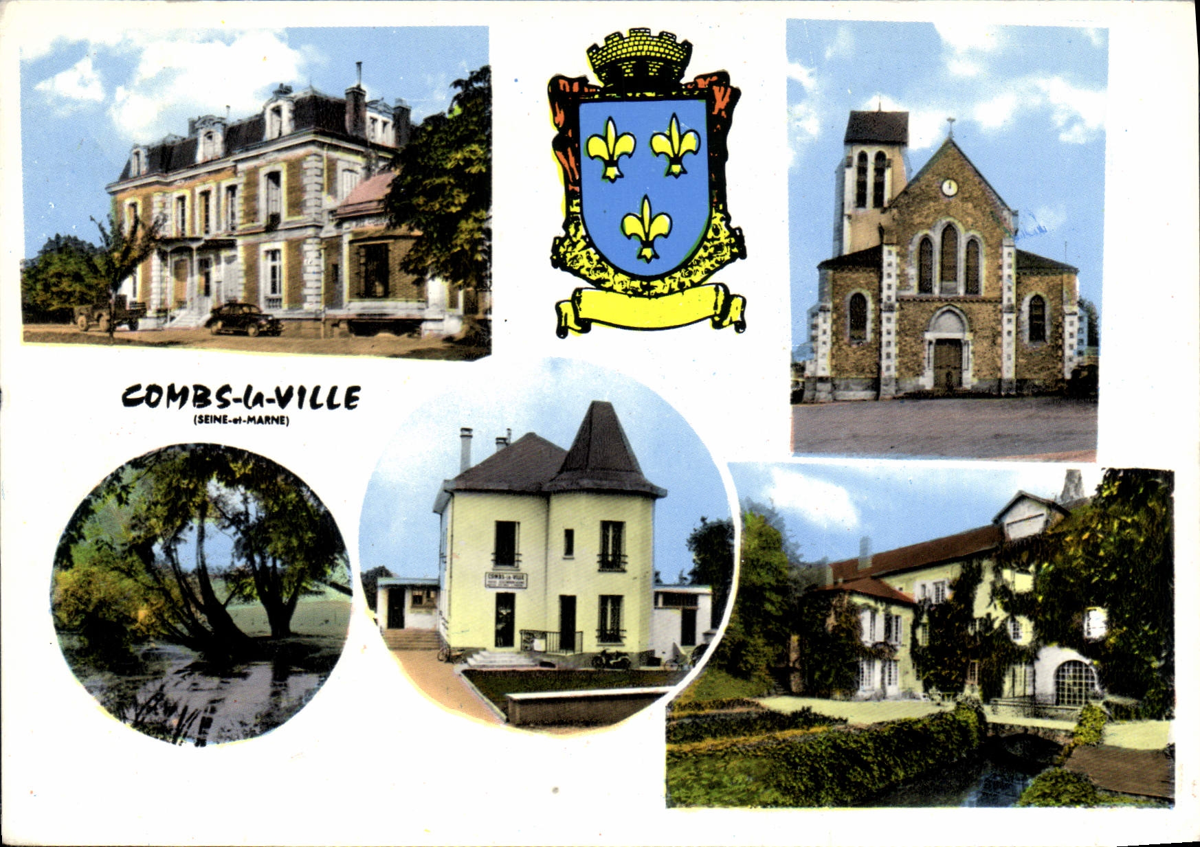 CPSM Combs la Ville (S et M) La mairie l'eglise bords de l'Yerres le poste le moulin du Breuil