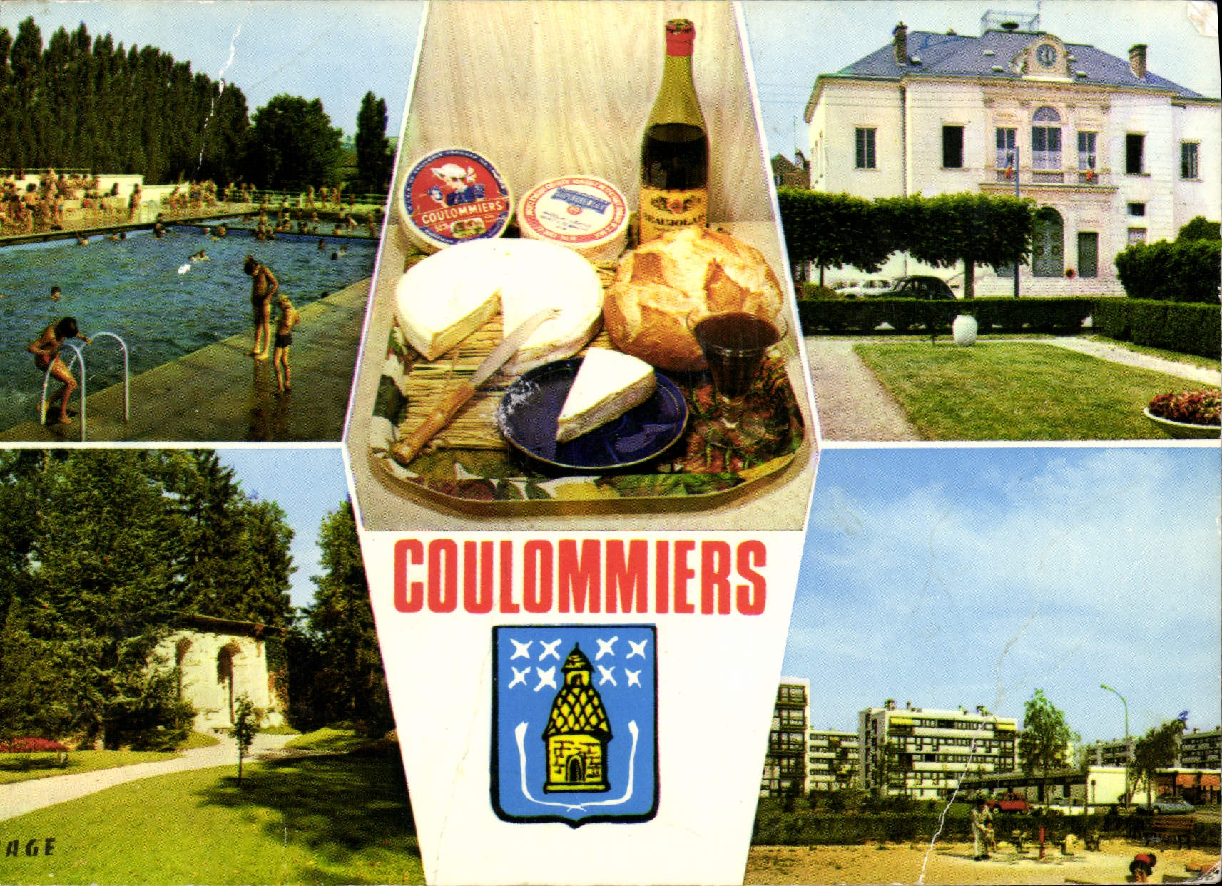 CPSM Coulommiers (Seine et Marne) La Piscine Specialite du Fromage de Brie L'Hotel de Ville Le Parc