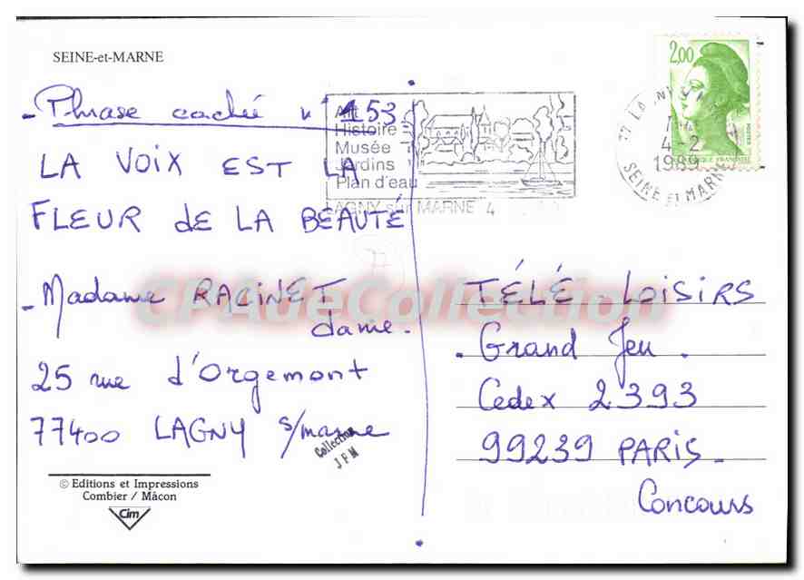 Seine et Marne 77 — Carte postale touristique avec carte et photos de lieux — Éditions et Impressions Combier / Mâcon — Rückseite