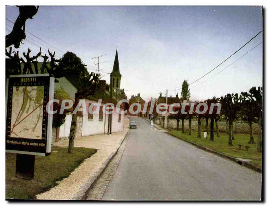Rubelles — View of the Main Street with Church and Welcome Sign — Guy Huneau