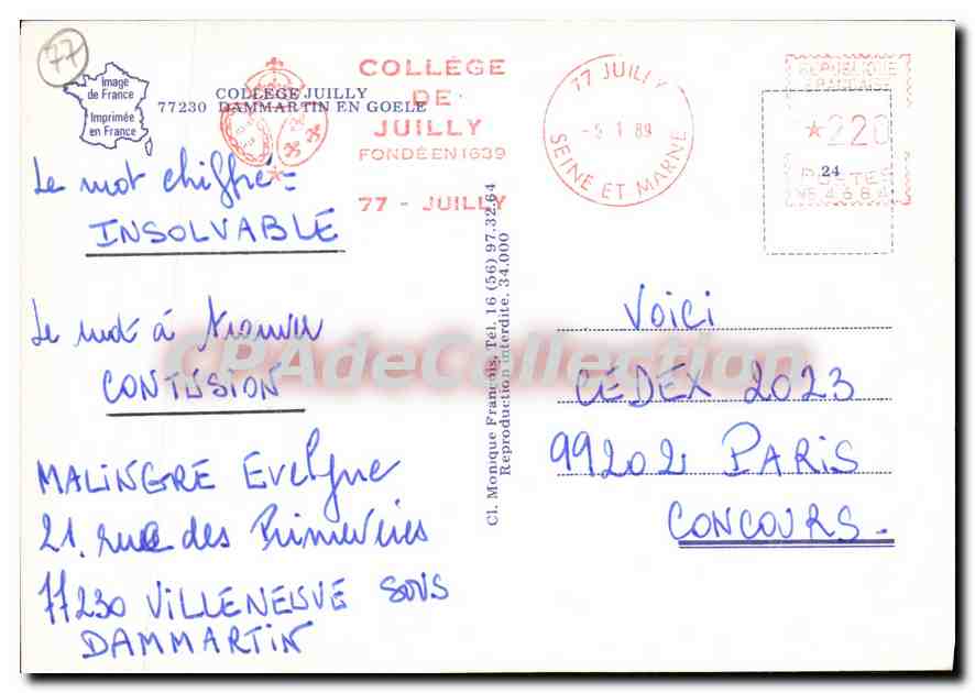 Vue aérienne du château de Juilly — Collège de Juilly — éditeur Imprimerie de France, n°77230 — Verso