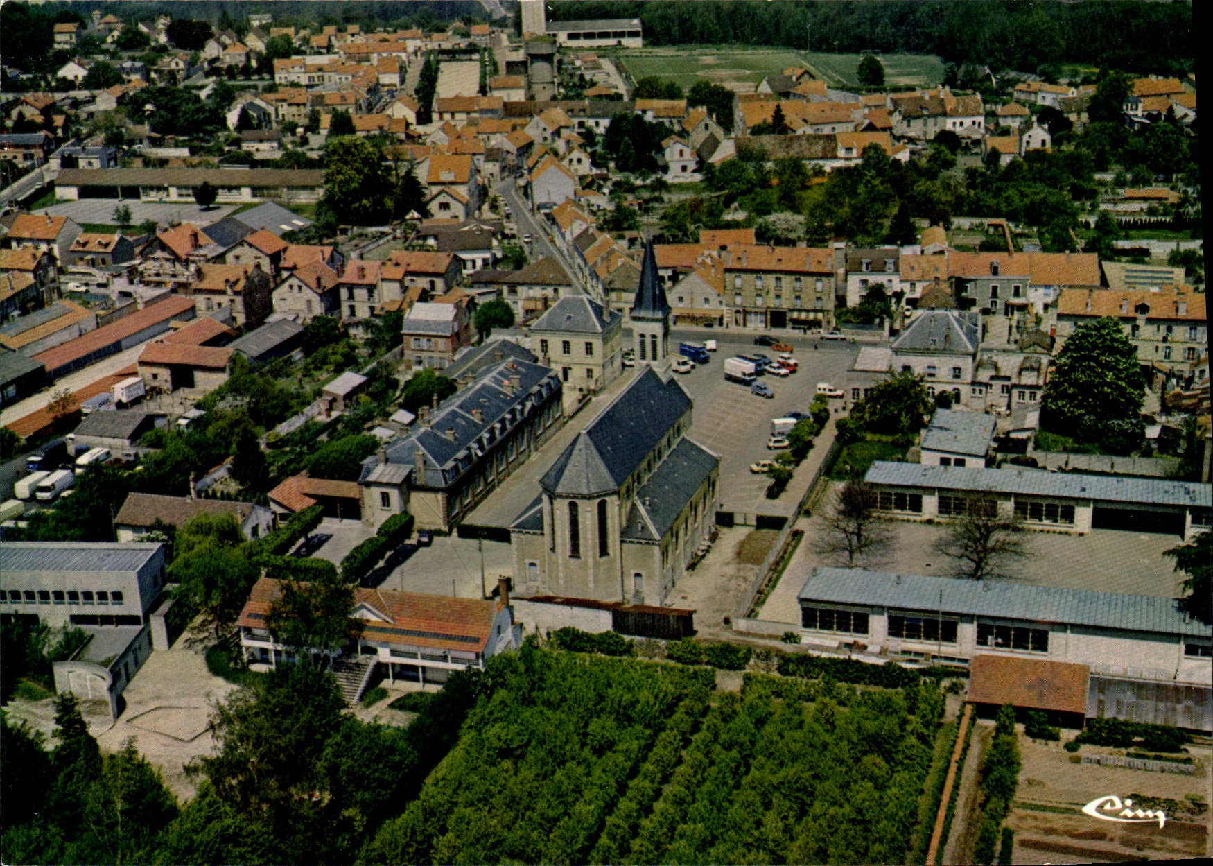 CPSM Torcy (S et M) Place Eglise (Vue aerienne)