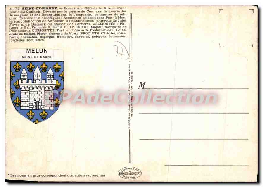 Seine-et-Marne — Carte postale illustrée avec carte et illustrations — éditée par Blondel La Nouguery — Rückseite
