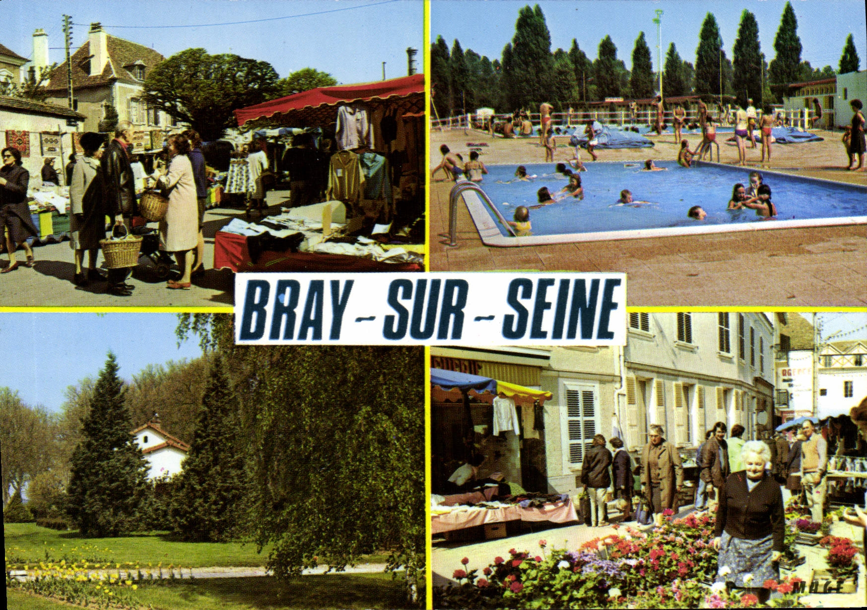 CPSM Bray sur Seine (Seine et Marne) Le Marche La Piscine La PLage Le Jardin Public Le Marche