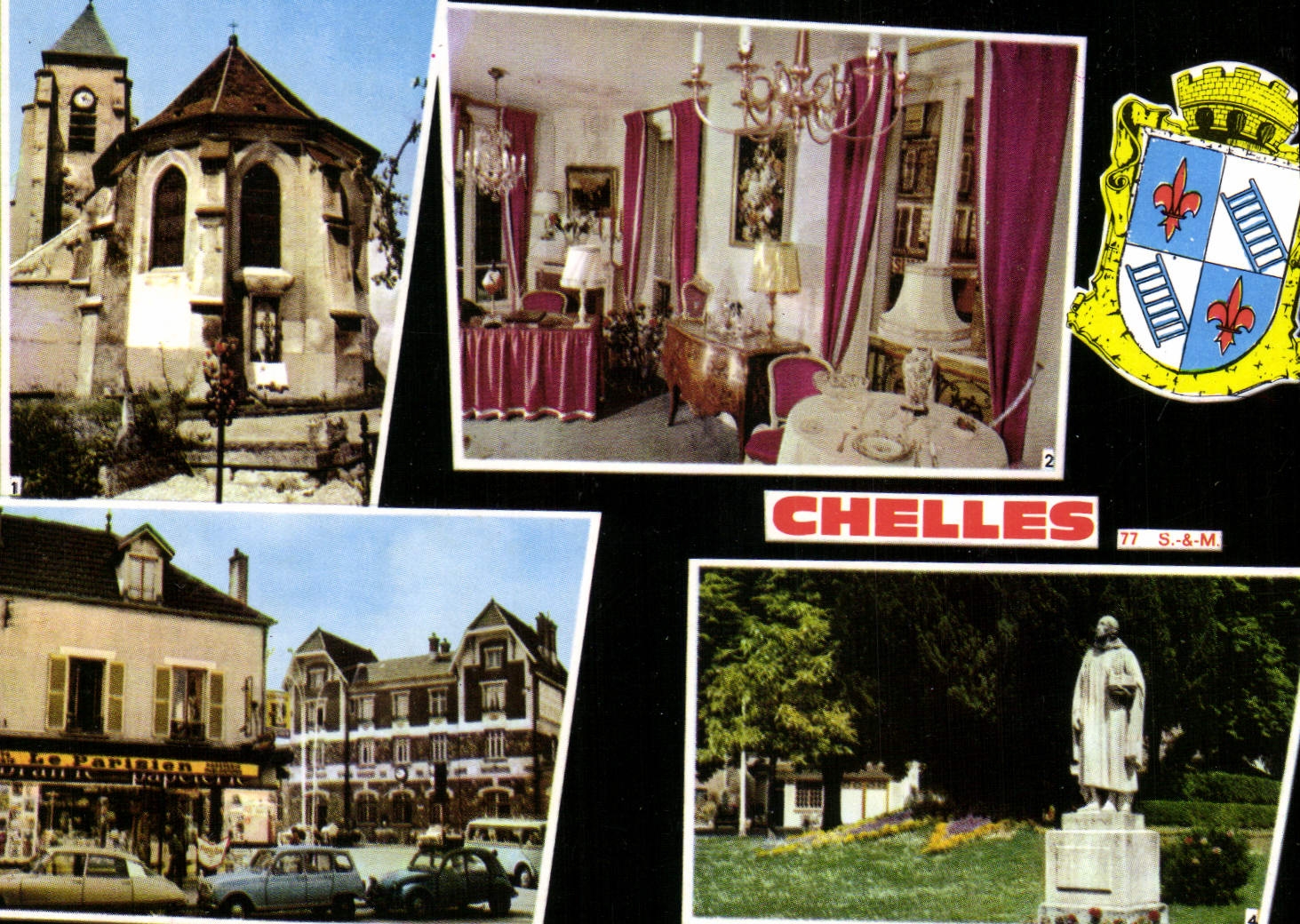 CPSM Chelles (S et M) Eglise St Andre Exposition d'Art Maison de la Presse Gare et Maison de la Pres
